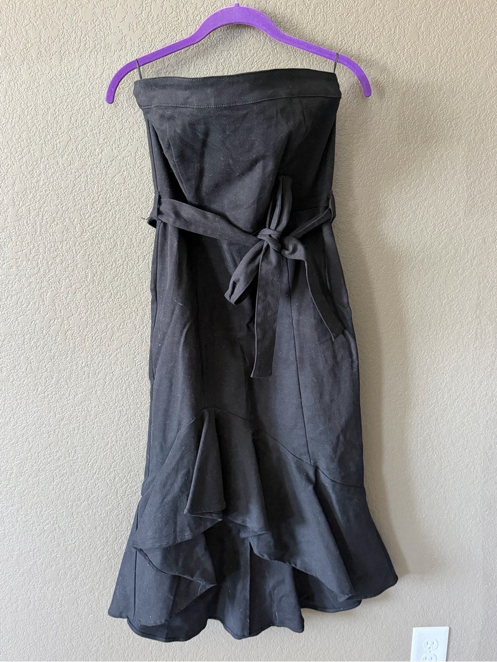 Vici Strapless Black Ruffle-Hem Dress with Waist Tie